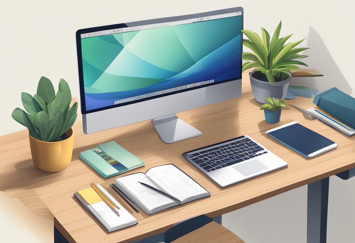 A desk with sketchbooks, pencils, erasers, and rulers. A computer displaying design software. A cup of coffee and a plant on the side