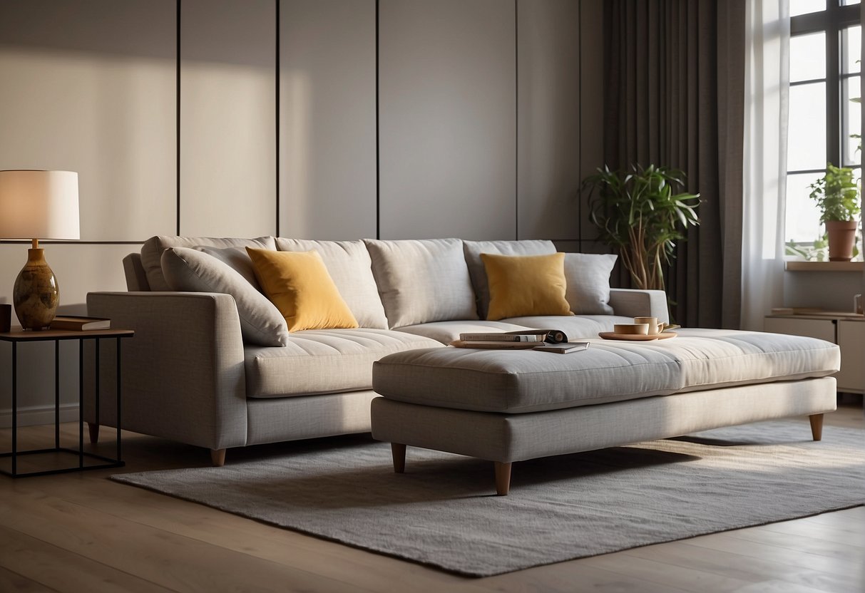 A cozy living room with a spacious sofa featuring a chaise, perfect for lounging and relaxing. The room is filled with natural light, and the sofa is adorned with soft cushions and throws