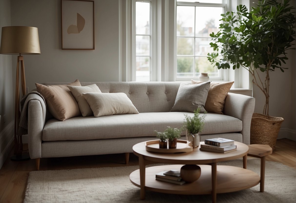 A cozy living room with a chaise sofa as the focal point, inviting relaxation and comfort. Bright, natural light illuminates the space, while the soft fabric of the sofa exudes a sense of luxury and comfort