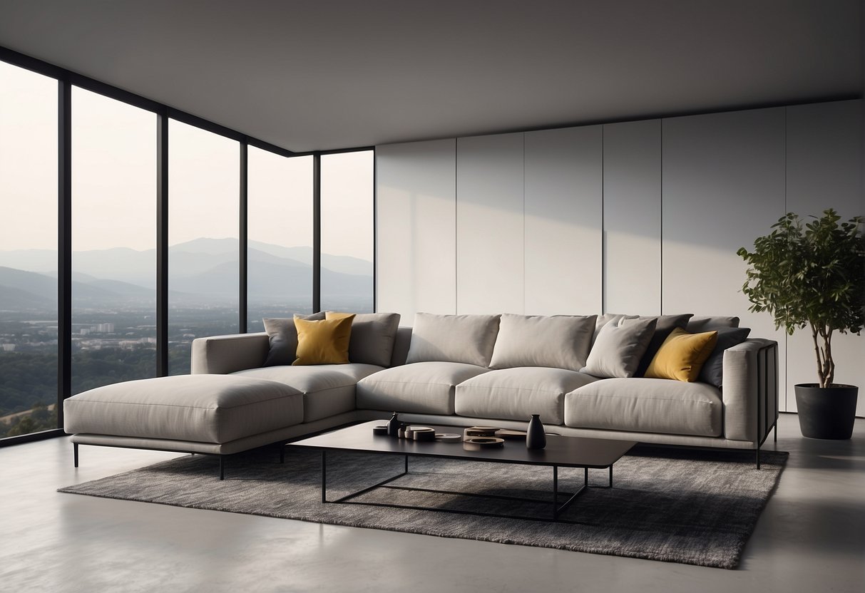 A modern living room with a sleek, high-quality chaise sofa as the focal point. Clean lines and stylish design showcase the advantages of comfort and functionality