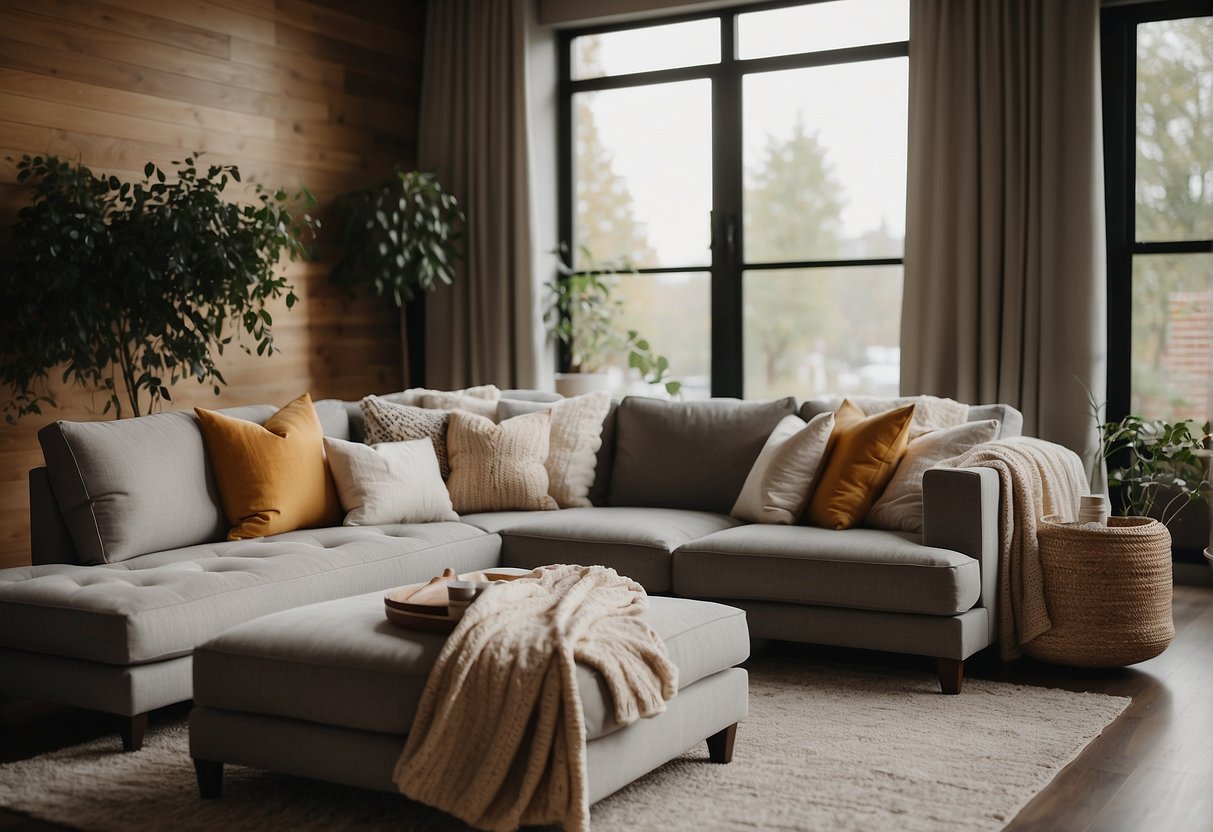 A cozy living room with a modern sofa featuring a chaise lounge. Soft pillows and a warm throw blanket add comfort and style