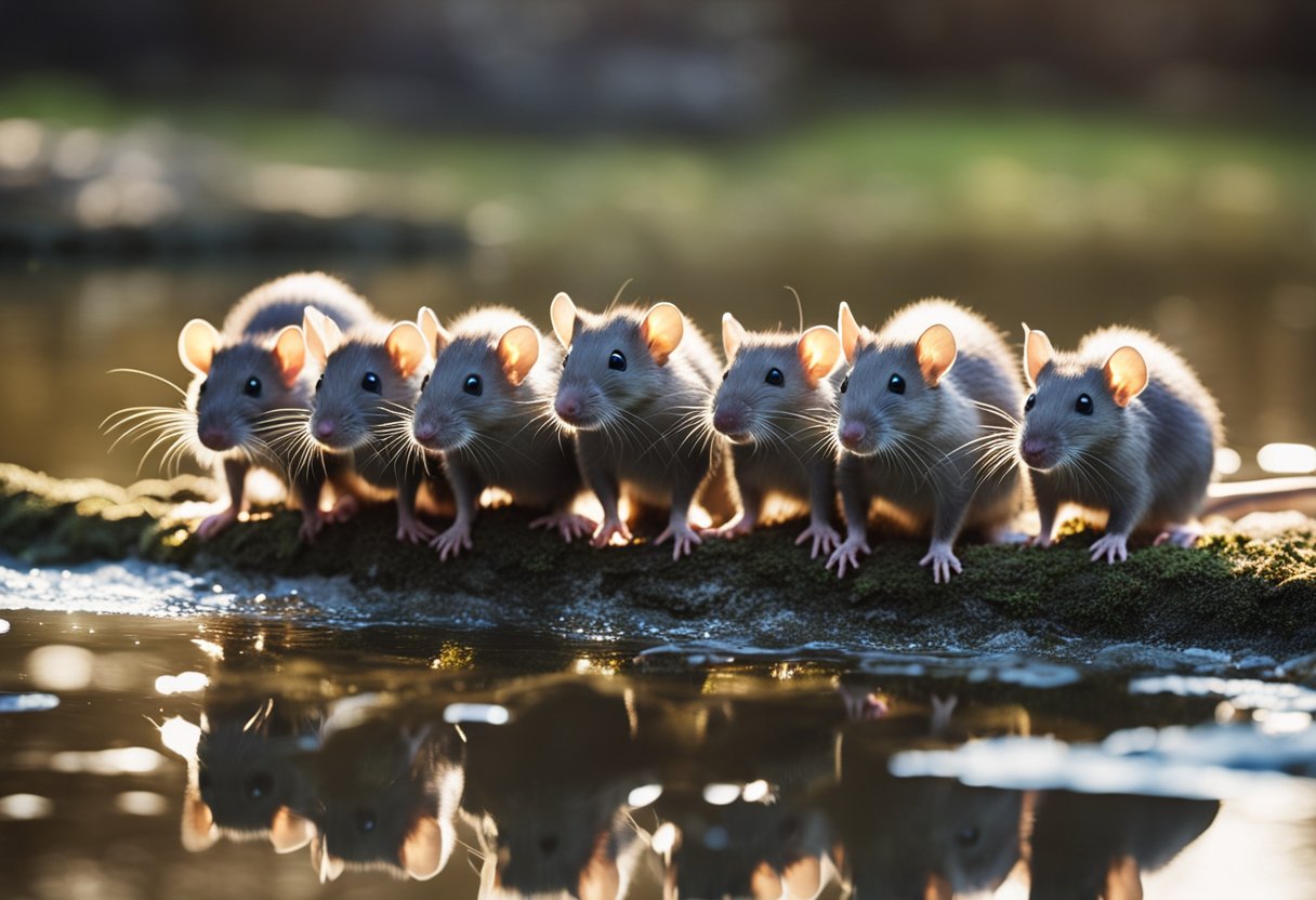 A group of rats near a contaminated water source, with bacteria spreading to other animals