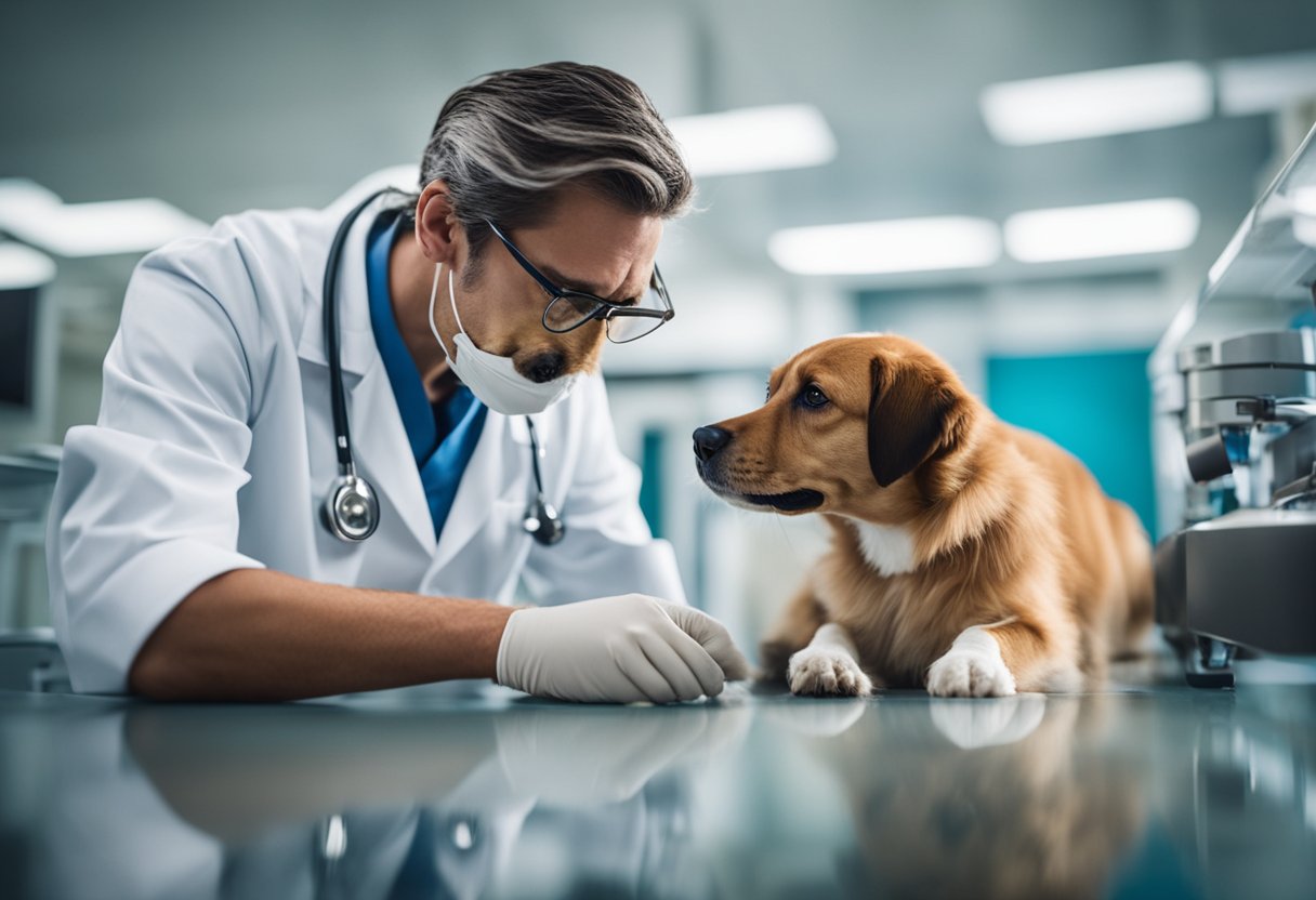 A veterinarian examining a sick dog for signs of leptospirosis