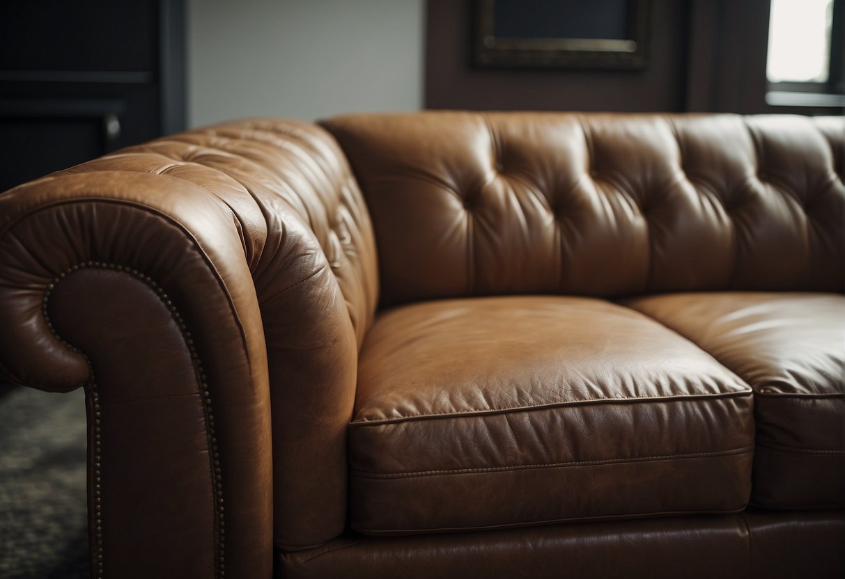 A leather sofa with visible wear and tear, fading color, and cracking in the material. A guide to leather sofas with pros and cons