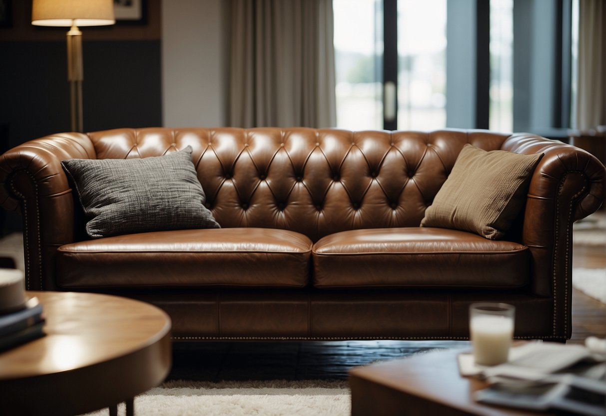 A leather sofa being gently cleaned and conditioned, with a guidebook on leather sofas nearby
