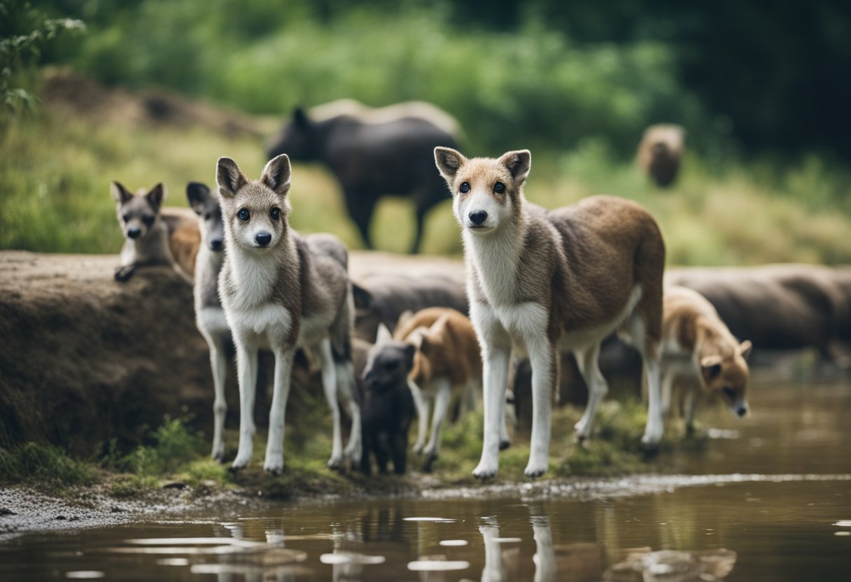 A group of animals near a contaminated water source, showing signs of illness and displaying symptoms of leptospirosis