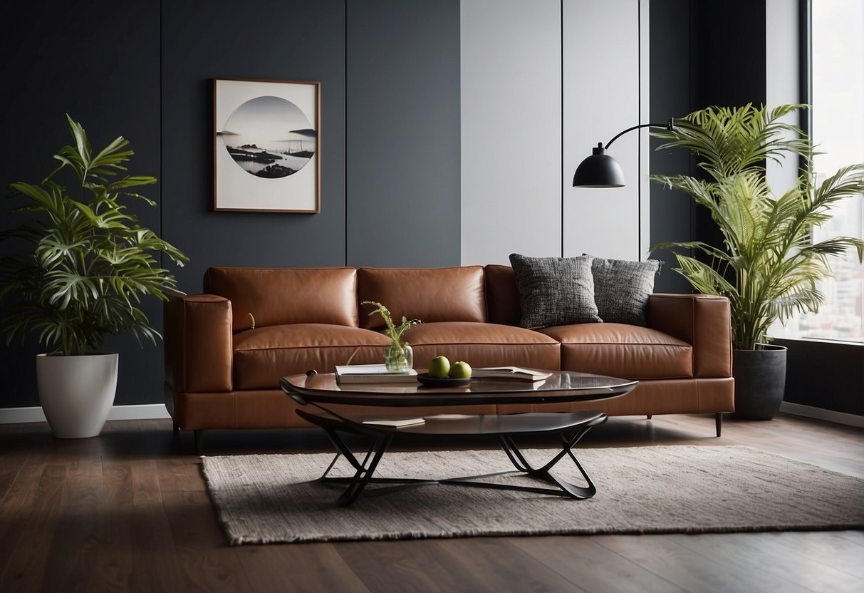 A leather sofa stands as the centerpiece of a modern living room, adding a touch of sophistication and elegance to the decor