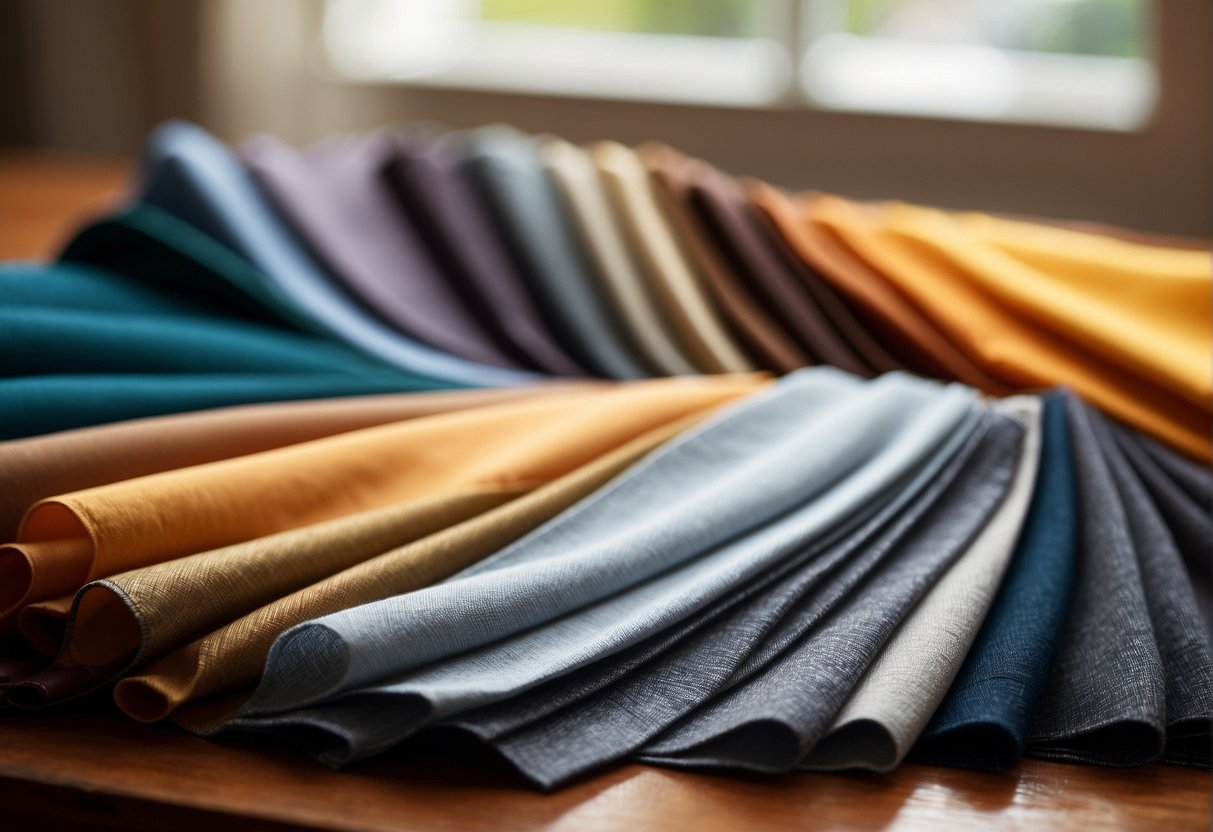 A variety of fabric swatches lay on a table, showcasing different textures and colors for sofa upholstery. Light filters through a nearby window, highlighting the options