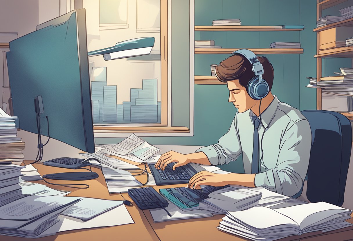 A person working at a desk, surrounded by papers and a computer, with headphones on, listening to music while deep in thought