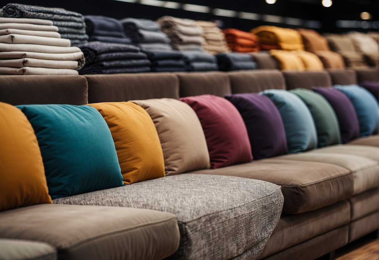 Various fabrics displayed in a showroom, labeled for different sofa needs