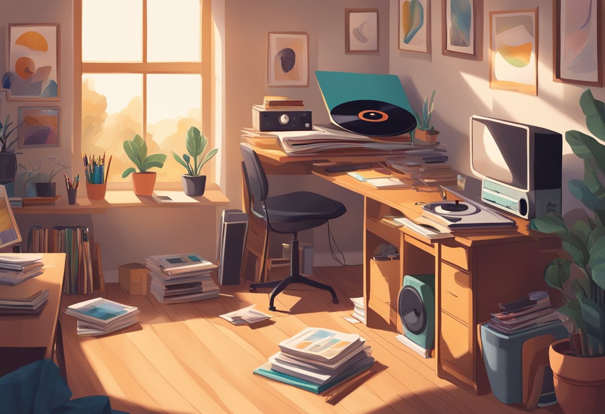 A cozy, sunlit room with a cluttered desk and scattered art supplies. A record player spins, filling the space with soothing, instrumental music