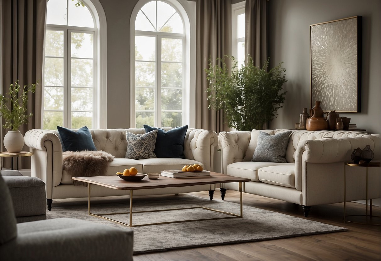 A living room with classic, modern, and contemporary sofas arranged in a stylish and inviting manner. Rich materials and elegant designs enhance the overall atmosphere