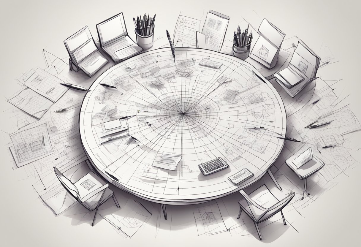 Idea Speedmapping: Rapidly Exploring Solution Territories Through Collaborative Workshops Speedmapping LearningMole A table covered in paper with various sketches and notes, surrounded by markers and pens. Arrows and lines connect different ideas, creating a web of interconnected concepts