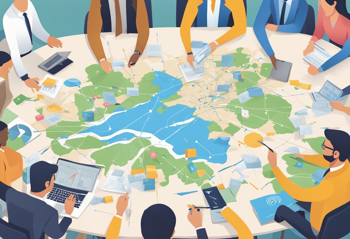 Idea Speedmapping: Rapidly Exploring Solution Territories Through Collaborative Workshops Speedmapping LearningMole A bustling brainstorming session, with arrows pointing to various solution territories and challenges being tackled in real time