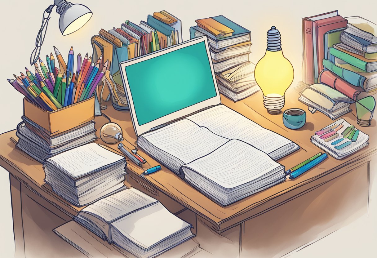 A cluttered desk with scattered papers, colorful markers, and a glowing light bulb above, surrounded by open books and a journal with the title "The Creativity Chronicle."