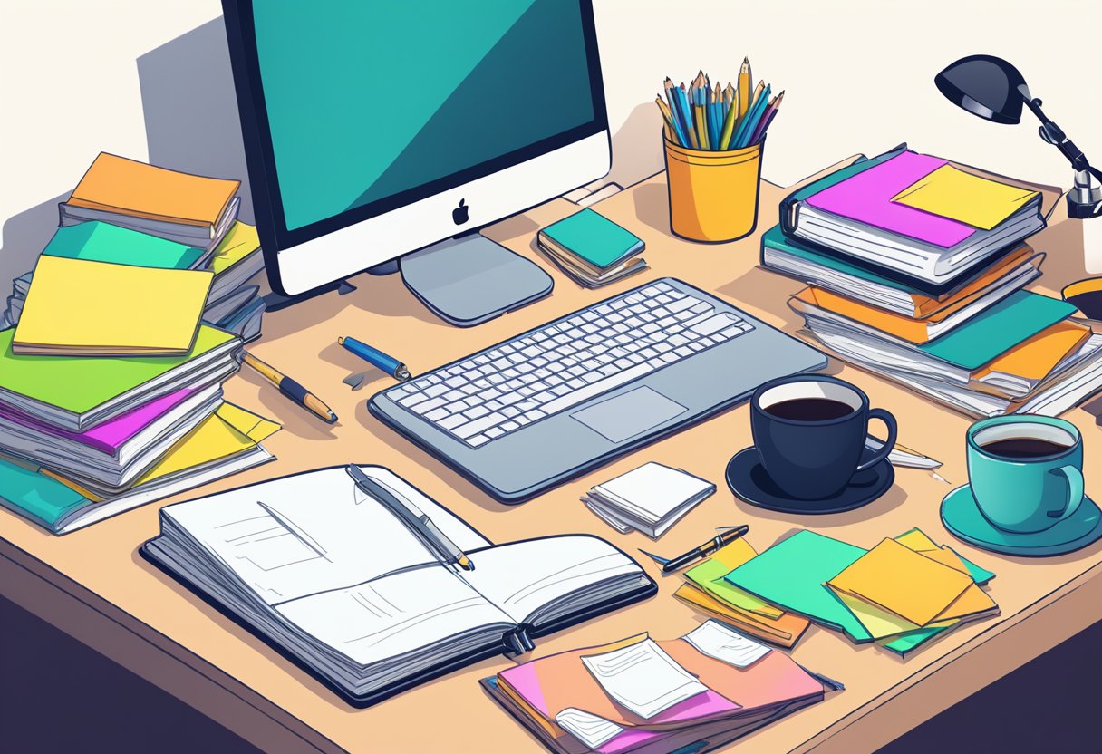 A cluttered desk with open books, scattered papers, and a glowing computer screen. A pencil and notebook sit ready for use, surrounded by colorful sticky notes and a mug of coffee