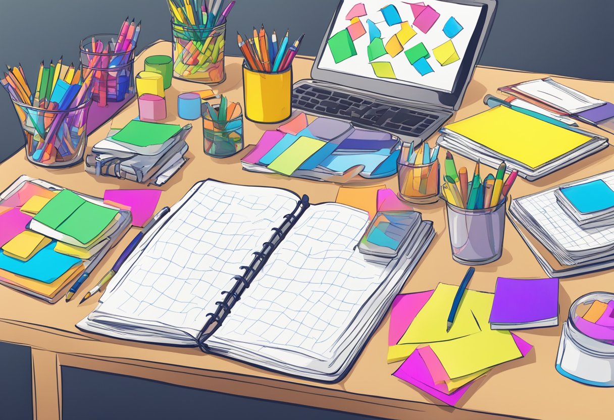 A table with scattered art supplies, a notebook filled with sketches, and a wall covered in brainstorming charts and colorful sticky notes