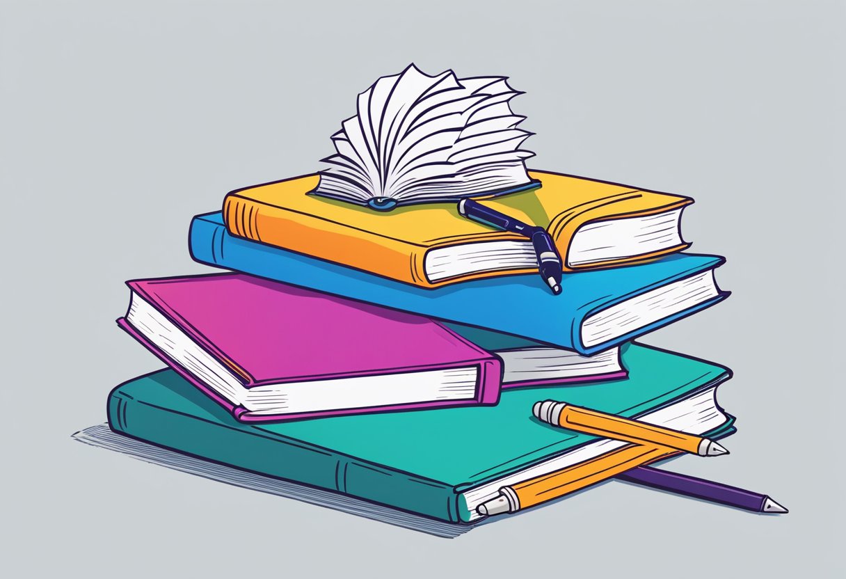 A stack of open books with colorful covers, a pen resting on a blank page, and a thought bubble filled with question marks hovering above
