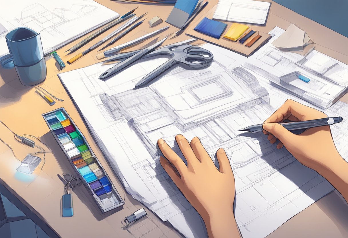 Solution Prototyping: Quick and Cost-Effective Strategies for Materialising Concepts prototyping LearningMole A table with various tools, materials, and sketches. A person's hand holding a prototype. Bright light illuminating the workspace