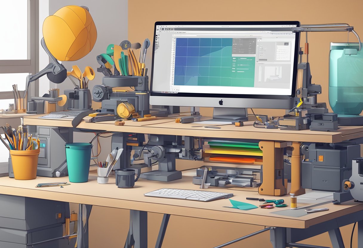 Solution Prototyping: Quick and Cost-Effective Strategies for Materialising Concepts prototyping LearningMole A cluttered workbench with various tools, materials, and prototypes in progress. A computer screen displaying design software and a 3D printer in the background