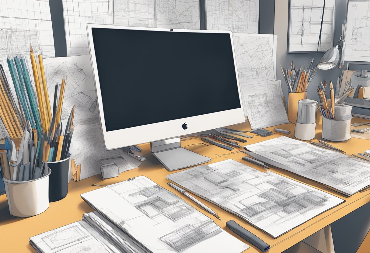 Solution Prototyping: Quick and Cost-Effective Strategies for Materialising Concepts prototyping LearningMole A table cluttered with sketches, tools, and materials. A computer screen displaying multiple design iterations. A sense of creativity and experimentation in the air