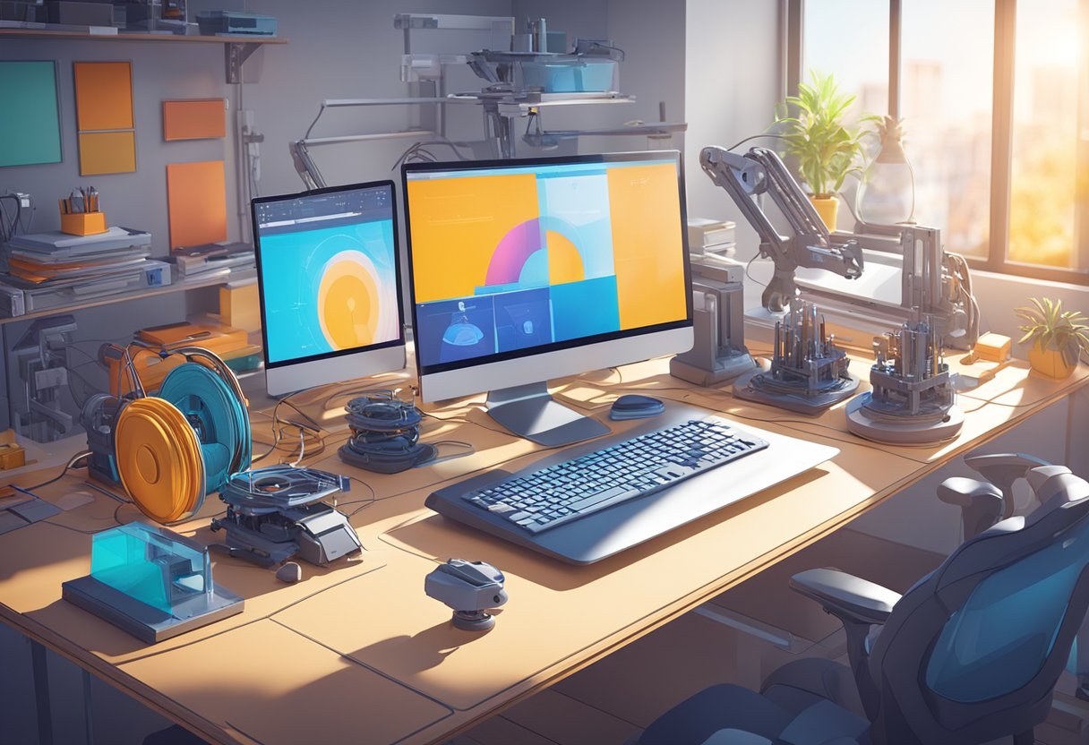 Solution Prototyping: Quick and Cost-Effective Strategies for Materialising Concepts prototyping LearningMole A cluttered desk with 3D printers, CAD software, and various prototyping materials. Bright light illuminates the workspace, highlighting the precision tools and futuristic equipment