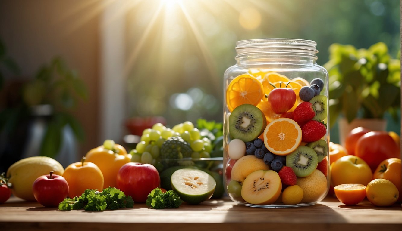 A colorful jar of vitamin powder surrounded by fresh fruits and vegetables, with rays of sunlight shining down on it