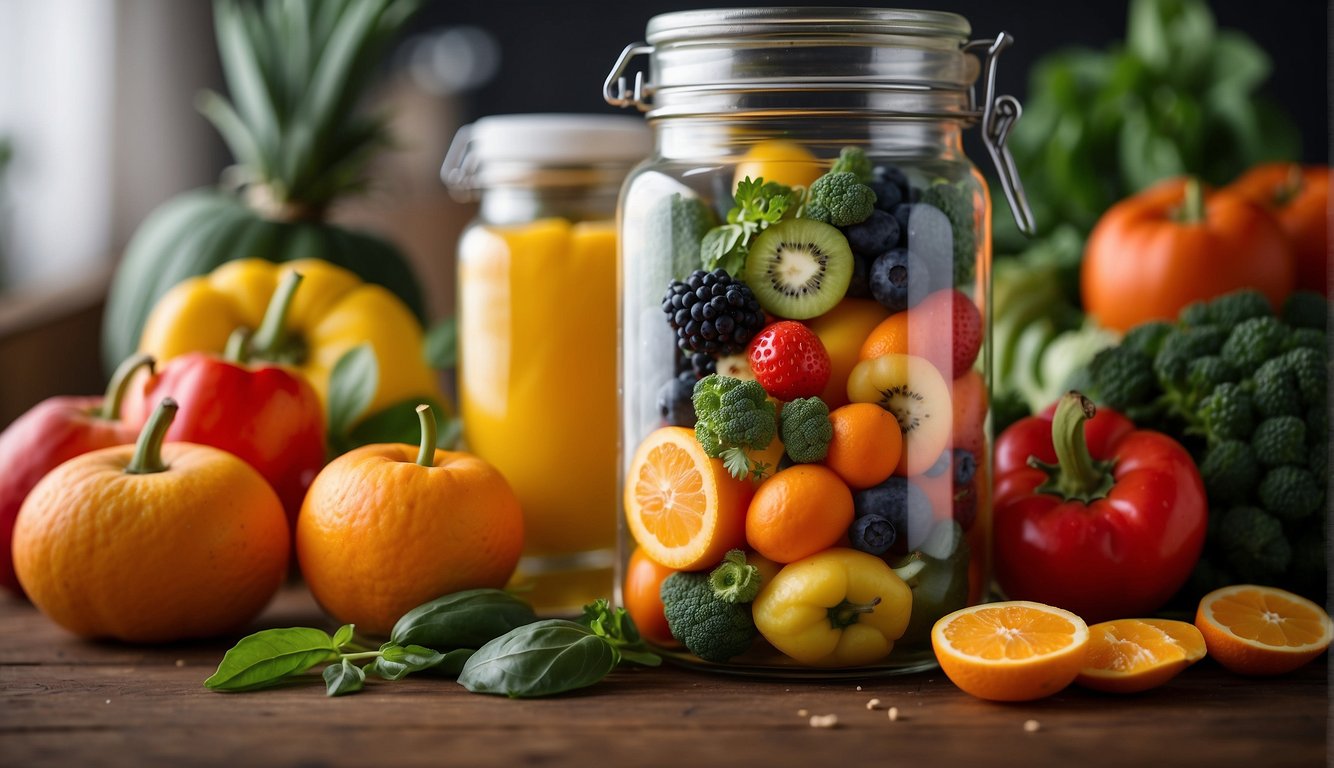 A jar of vitamin powder surrounded by fresh fruits and vegetables