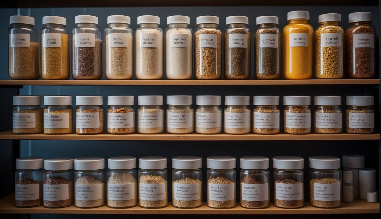 Various vitamin powder containers arranged on a shelf with labels showing different factors such as ingredients, dosage, and benefits