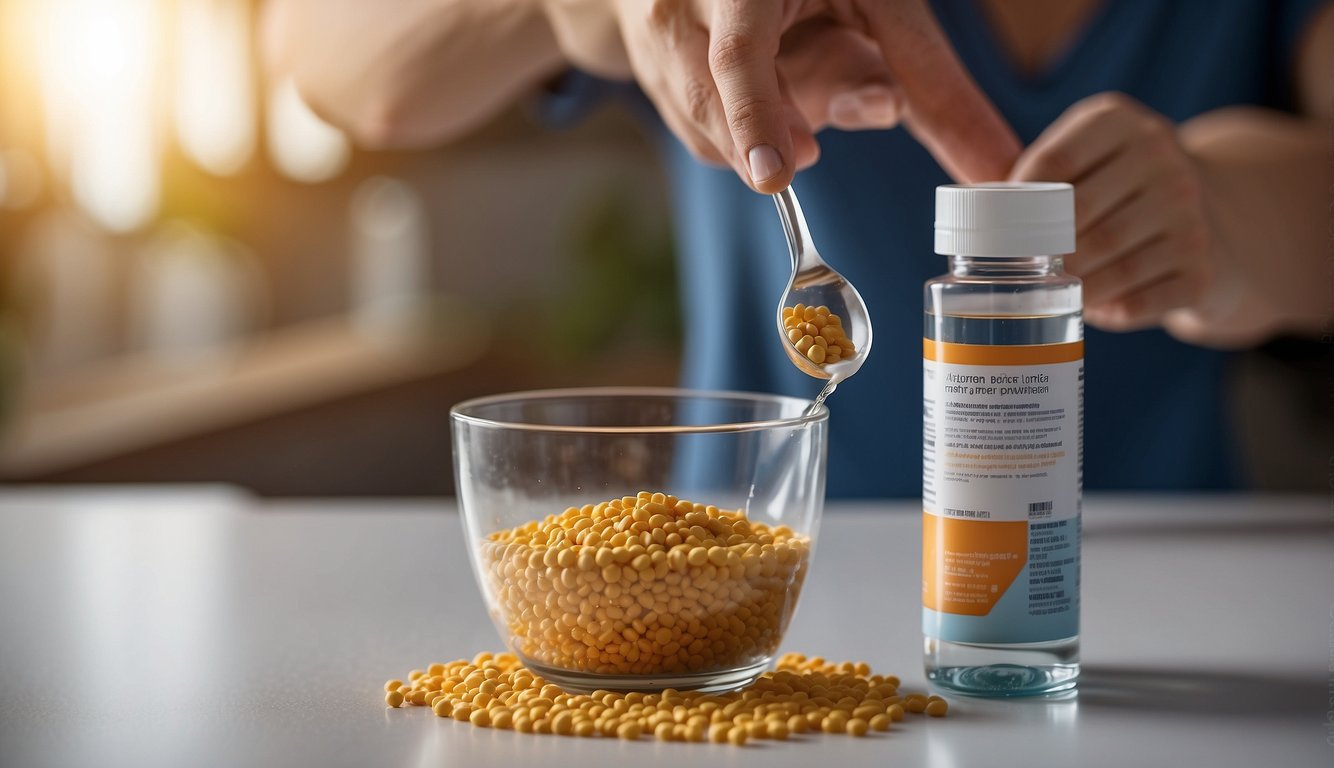 A hand holding a scoop of vitamin powder, pouring it into a glass of water. Package in background with dosage instructions