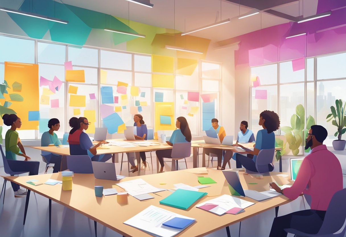 The Creativity Lab: A Practical Guide to Diverse Problem-Solving Methods Creativity, Problem Solving, creative LearningMole A group of people brainstorming in a colorful, open space. Charts, whiteboards, and sticky notes cover the walls. Various problem-solving tools and materials are scattered on tables. Light streams in through large windows