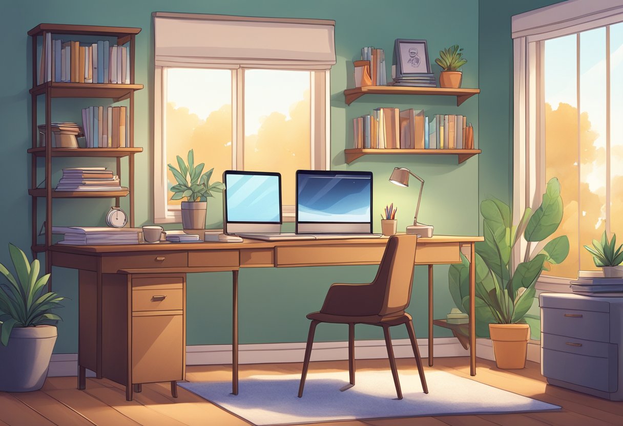 A cozy, well-lit room with a desk, chair, and organized shelves. A laptop and notebooks are neatly arranged, with a cup of pens and pencils nearby. A motivational poster hangs on the wall