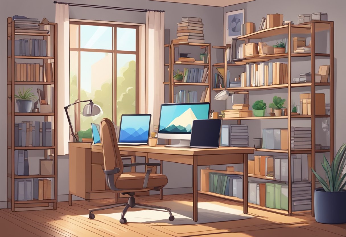 A cozy, well-lit home office with a computer, tablet, and organized desk supplies. A comfortable chair and a bookshelf with educational resources