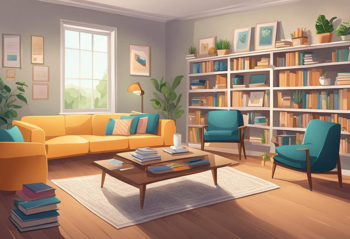 A cozy living room with a large table for homework, shelves filled with books and supplies, and a bulletin board for schedules and reminders