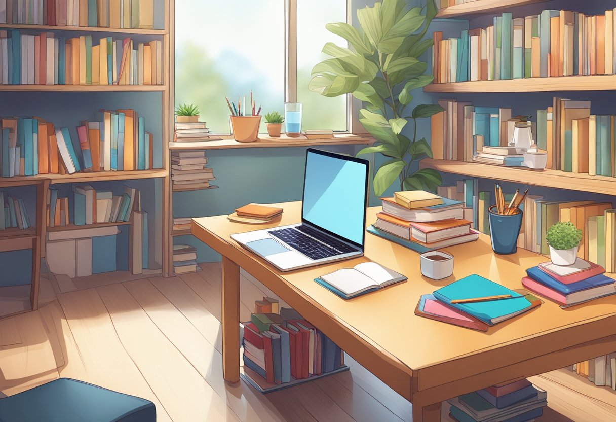 A well-lit, organized study area with healthy snacks and water, surrounded by books and educational materials