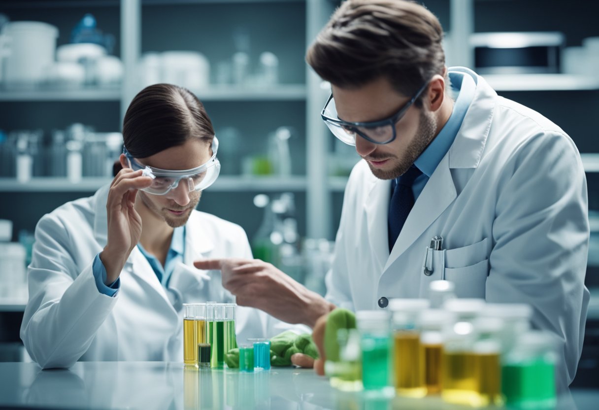 A doctor in a lab coat examines a petri dish with bacteria samples, while a nurse prepares medication and a caregiver cleans and disinfects a kitchen