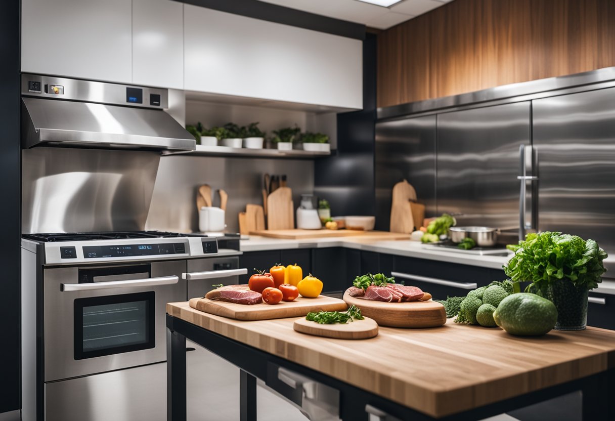 A clean and organized kitchen with separate cutting boards for raw meat and produce. A refrigerator with a thermometer to ensure it stays below 40°F