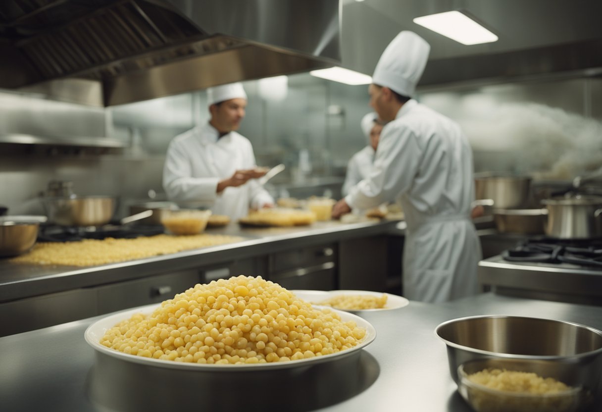 A spread of contaminated food in a kitchen, with bacteria multiplying on the surface. A person unknowingly consumes the tainted food, leading to illness