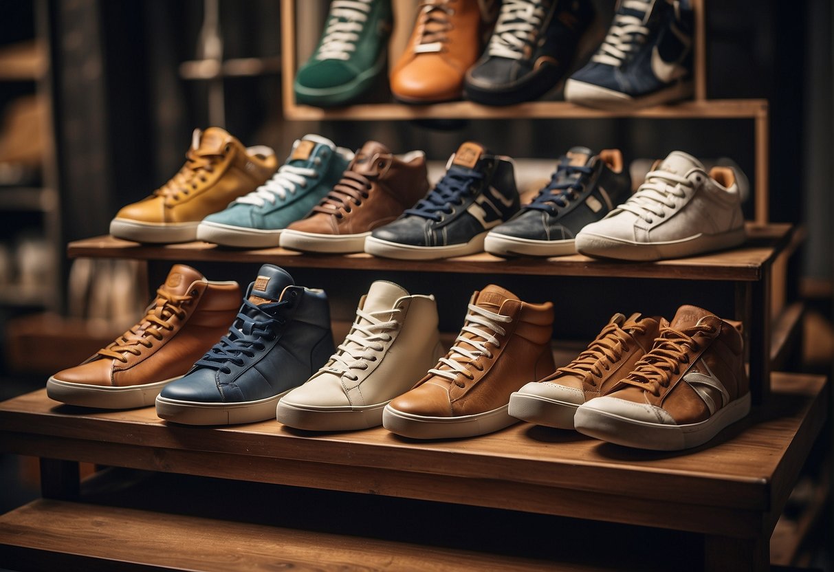 A table displaying various retro sneaker designs and materials, including leather, suede, and rubber soles, with vintage branding and colorways