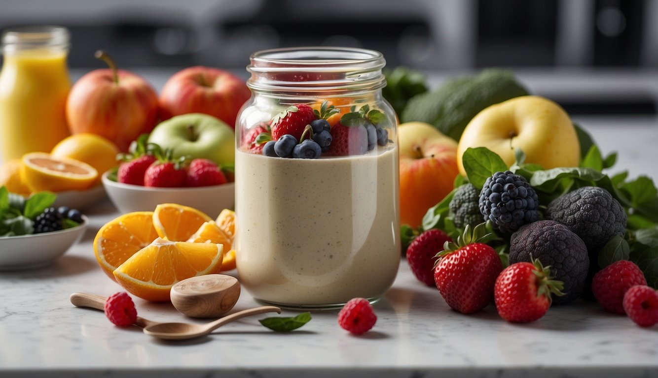 A colorful jar of probiotic powder sits on a clean, white countertop, surrounded by fresh fruits and vegetables. A spoon is dipped into the powder, ready to be mixed into a smoothie