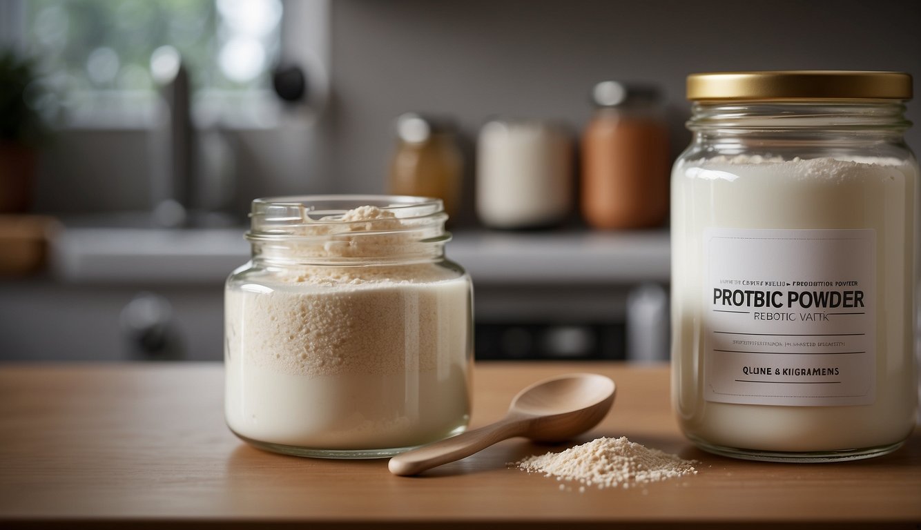 A jar of probiotic powder sits on a kitchen counter next to a spoon and a glass of water. The label on the jar highlights the health benefits of the powder