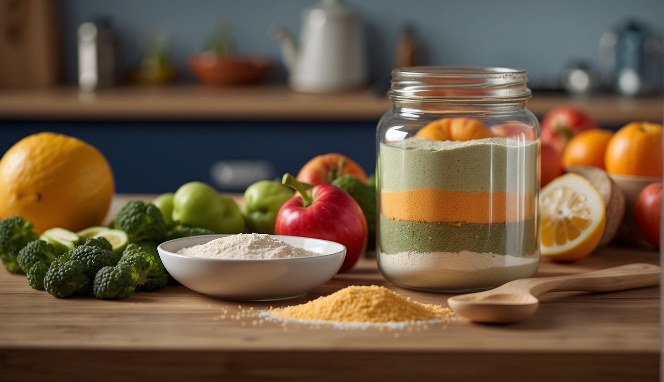 A jar of probiotic powder sits on a kitchen counter, surrounded by colorful fruits and vegetables. A spoonful of the powder is being mixed into a glass of water, with bubbles rising to the surface