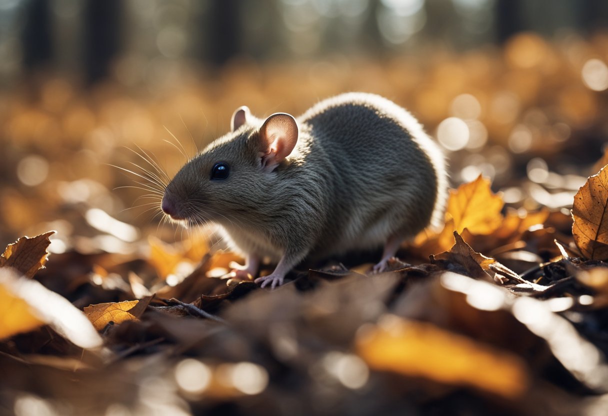 A forest with fallen leaves, a small rodent, and a hantavirus-carrying bank vole