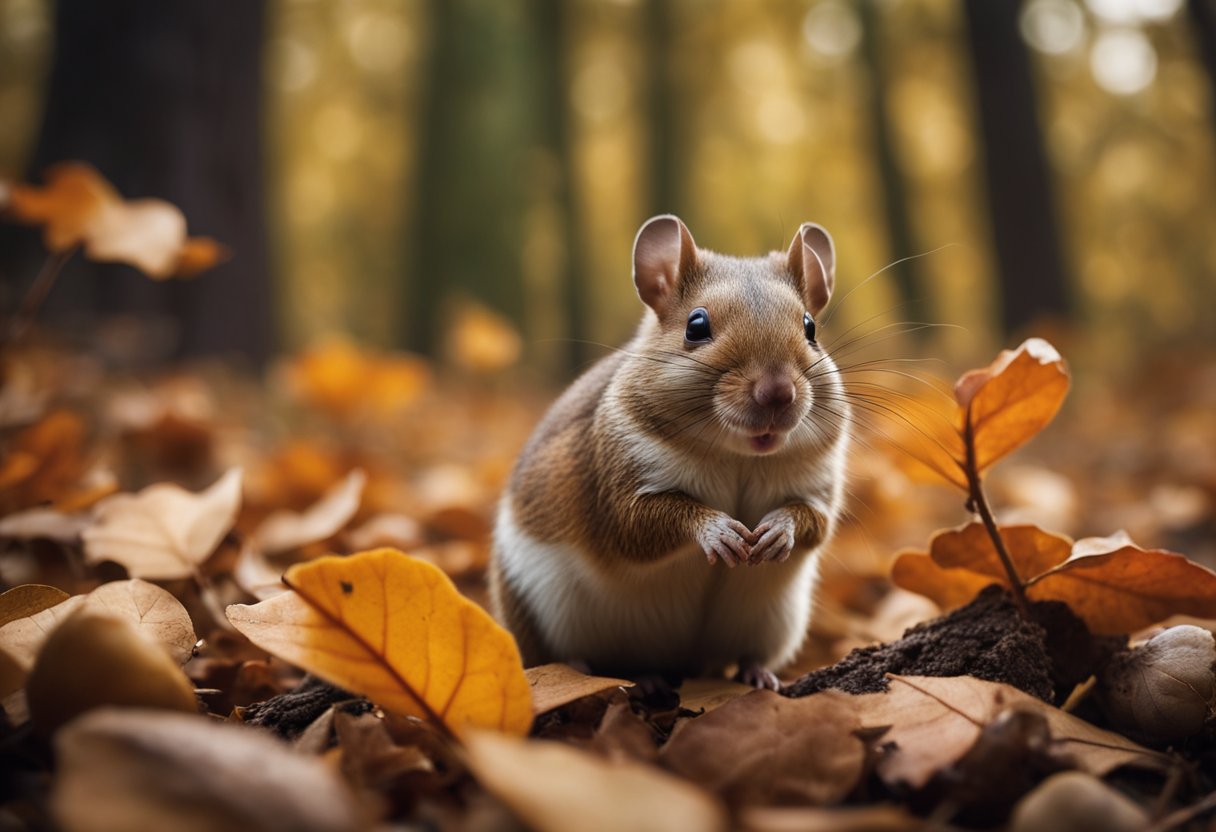 A forest scene with a small rodent surrounded by fallen leaves and acorns, with a backdrop of tall trees and a serene atmosphere