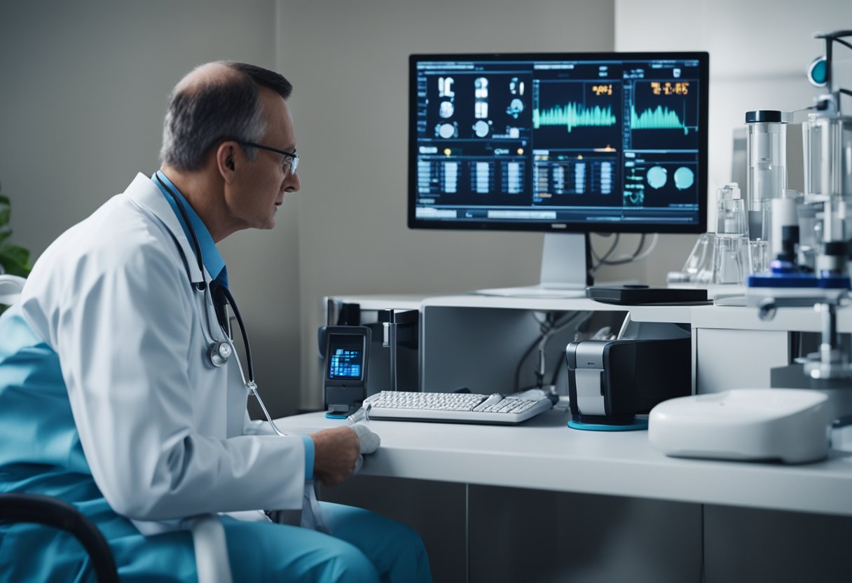 A doctor monitors a patient's kidney function, administers medication, and advises on hydration and rest