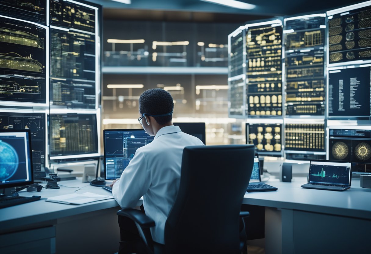 A scientist examines data on nephropathia epidemica, surrounded by research papers and futuristic technology