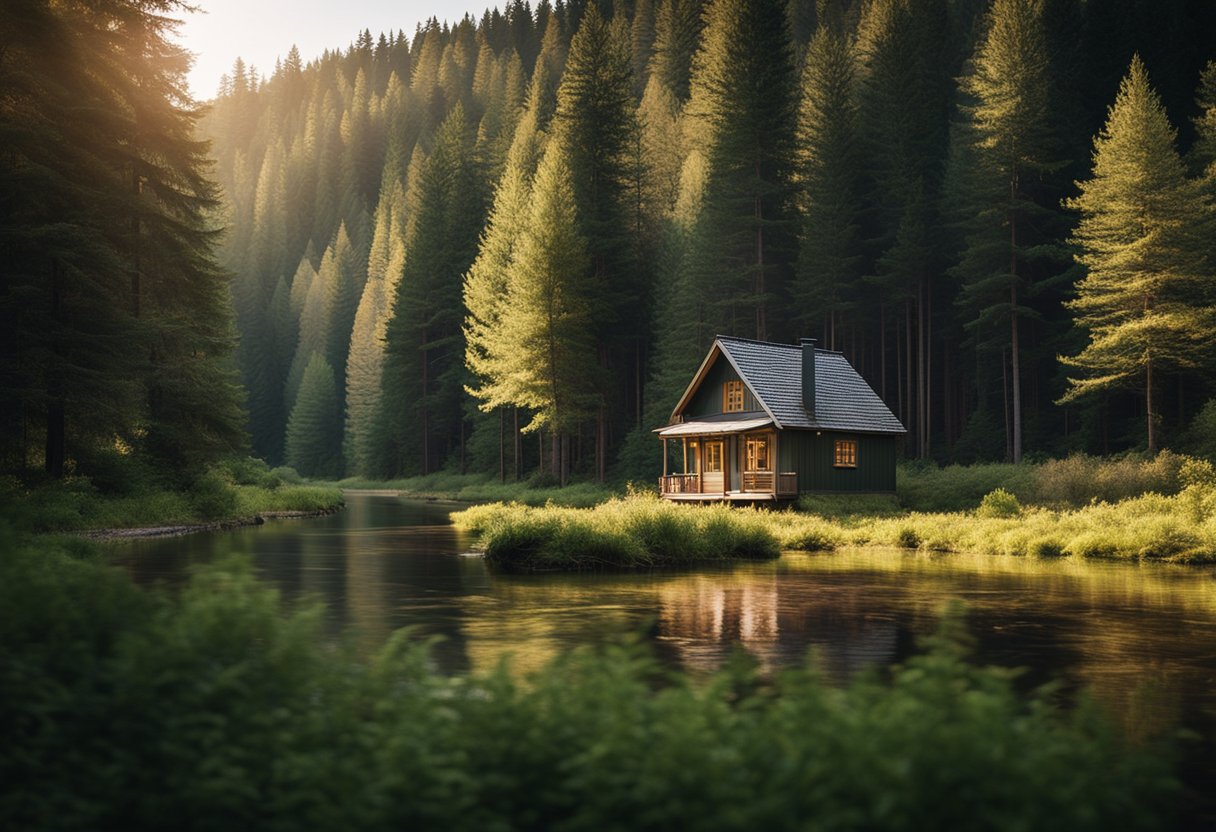 A forest clearing with a small, picturesque cabin surrounded by tall trees and a gentle stream flowing nearby. Wildlife, such as deer and birds, can be seen in the background