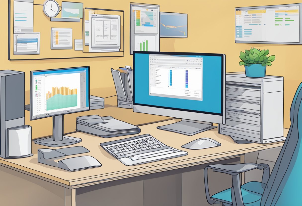 An open computer displaying Outlook with a cursor adjusting the display settings