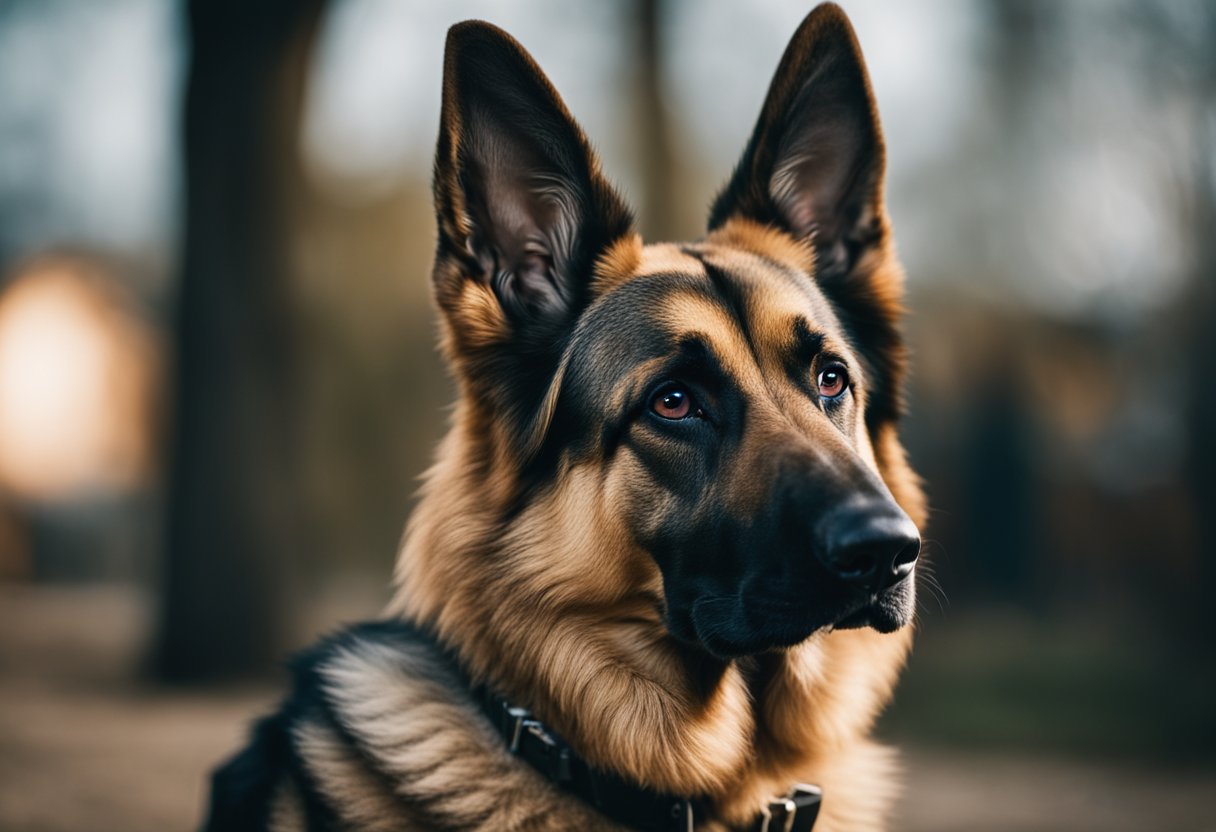 A German shepherd stands alert, ears perked, and tail straight, exuding confidence and intelligence