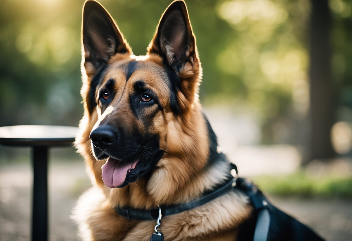 A german shepherd dog sits obediently, gazing attentively at its owner, eager to please. A leash and bowl of water are nearby